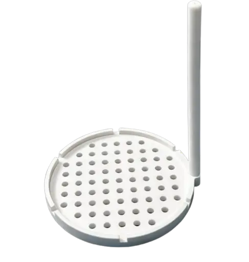 Wafer Dipper 2inch 4inch Horizontal With Handle for draining wafers, featuring a PTFE basket with holes.