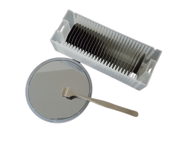 Sapphire substrate wafer in a packaging container with a tweezer, showcasing high purity LED optics for research.