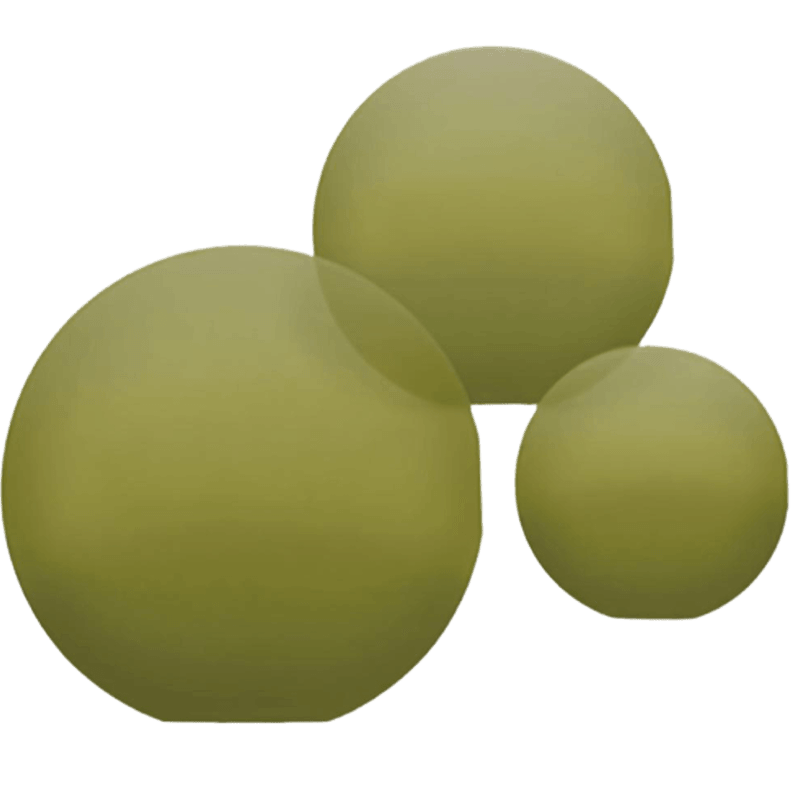 Three greenish-yellow spheres of varying sizes arranged in a triangular formation on a white background.