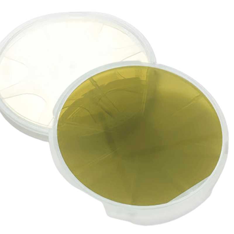 Silicon carbide substrate wafer placed in a clear containing, showcasing its high-quality finish for research applications.