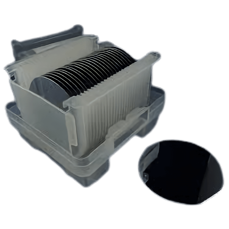 silicon wafer 4inch in a transparent case with individual slots for storage and a single wafer lying next to it